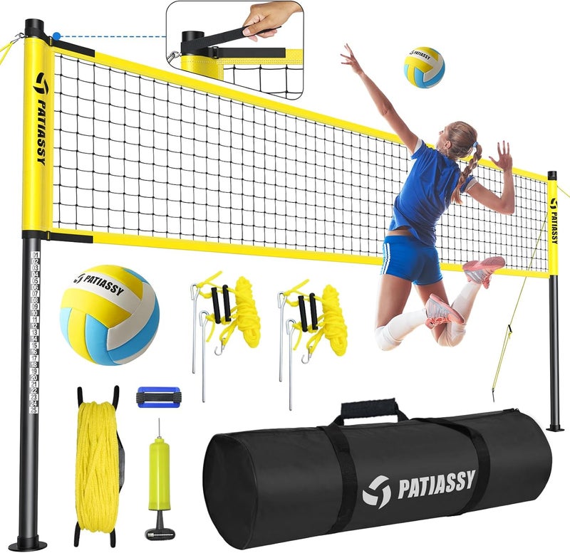 Patiassy Outdoor Volleyball Net System Portable and Easy Setup Adjustable Height Poles with Volleyball, Pump, Hammer, Boundary Line, and Carry Bag for Backyard, Beach, Lawn - Image 1